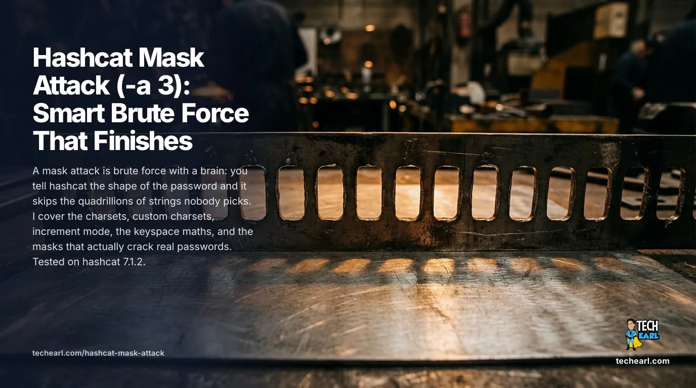 Hashcat Mask Attack (-a 3): The Complete Guide to Smart Brute Force Built-in and custom charsets, increment mode, keyspace maths, and the policy-shaped masks that crack passwords a plain brute force never would in time. Tested on hashcat 7.1.2.