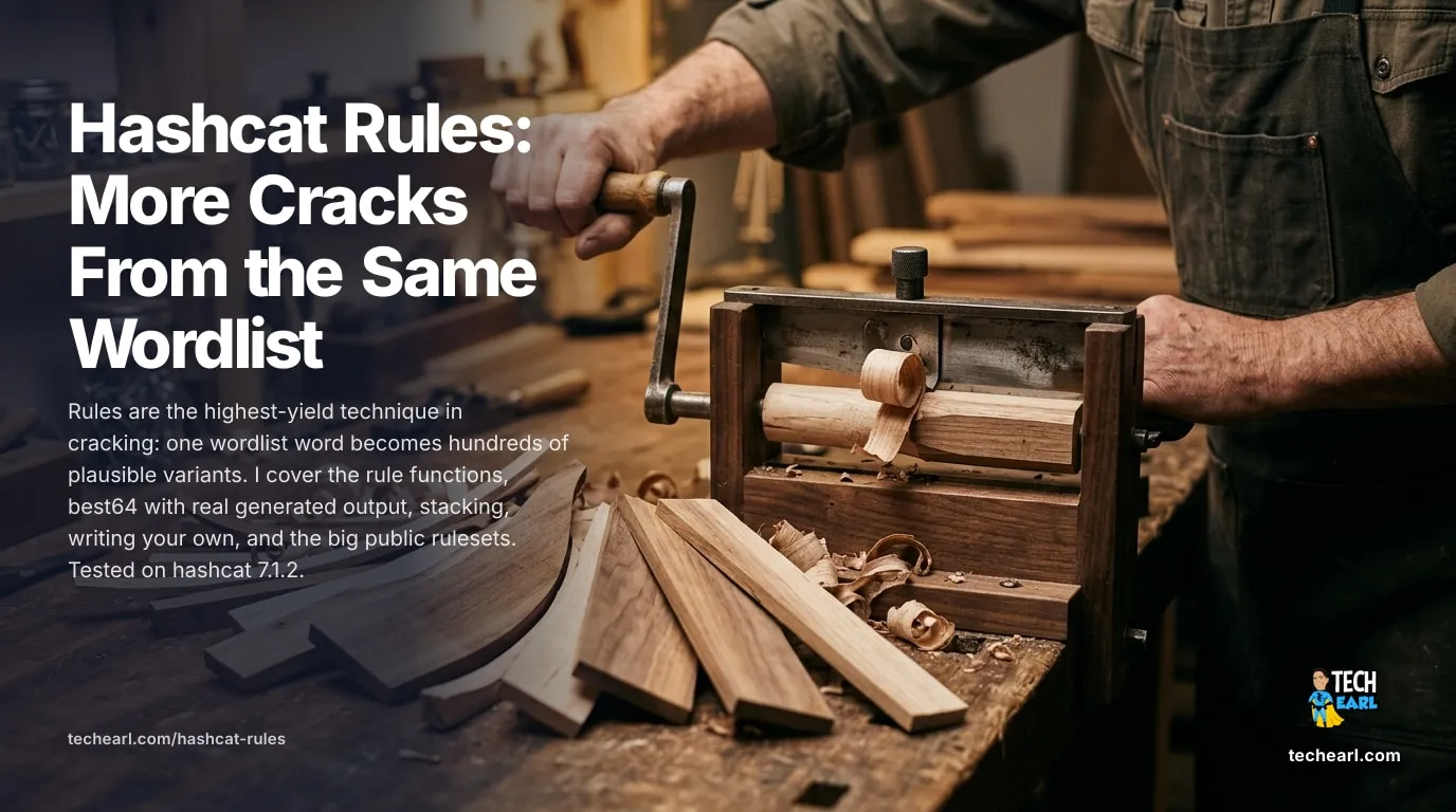 Hashcat Rules Explained: best64, Custom Rules, and Stacking How hashcat rule functions mutate wordlist words, the best64 ruleset with real output, stacking rules, writing your own, and the big public rulesets. Tested on hashcat 7.1.2.