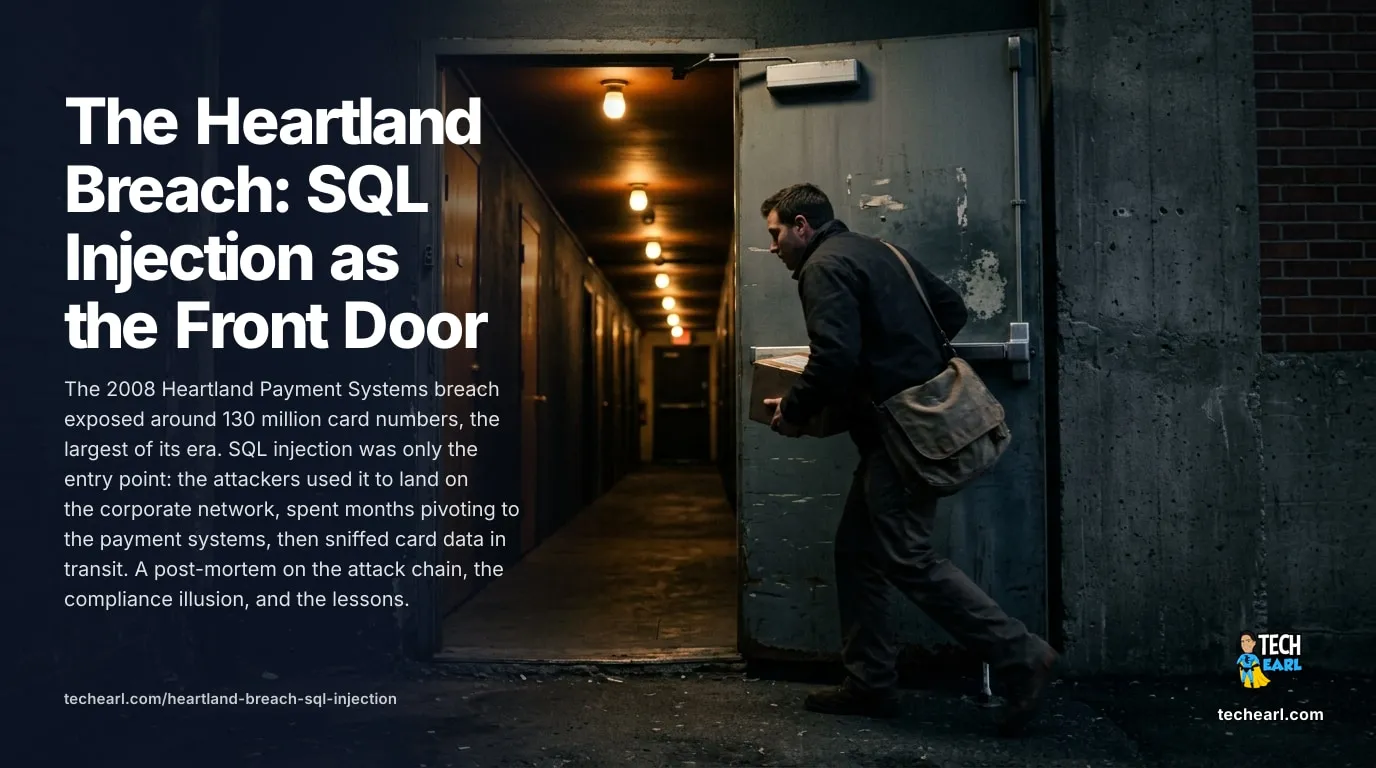 Heartland Breach: SQL Injection as the Front Door How SQL injection opened the 2008 Heartland breach of ~130M cards. The pivot to payment networks, the packet sniffer, and why PCI compliance was not enough.