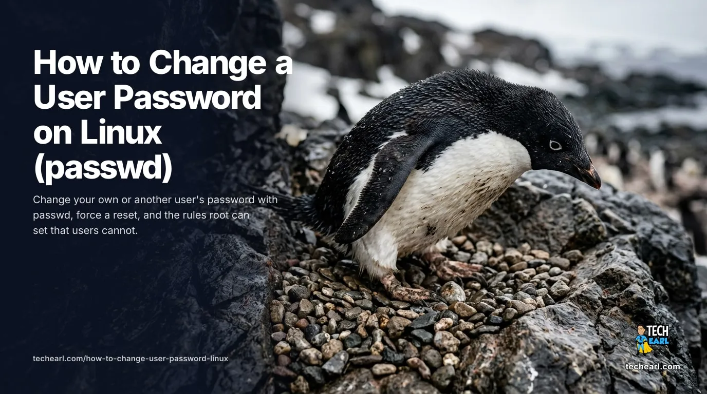 Change your own or another user's password on Linux with passwd, force a reset, and the controls root has over a password that users do not.