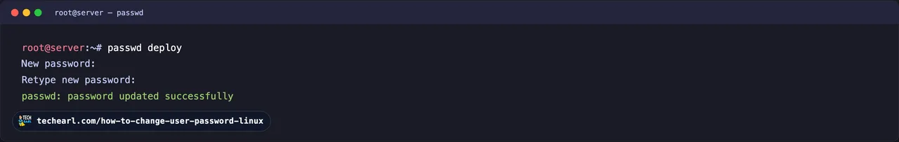 Root terminal running passwd deploy, entering a new password twice, and the system replying password updated successfully.