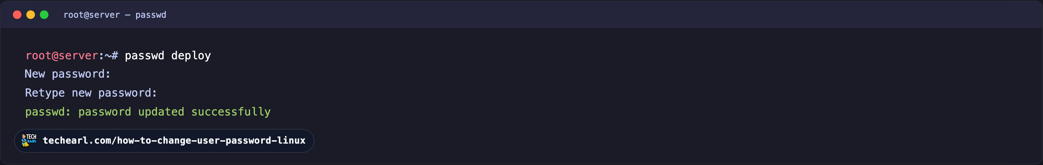Root terminal running passwd deploy, entering a new password twice, and the system replying password updated successfully.