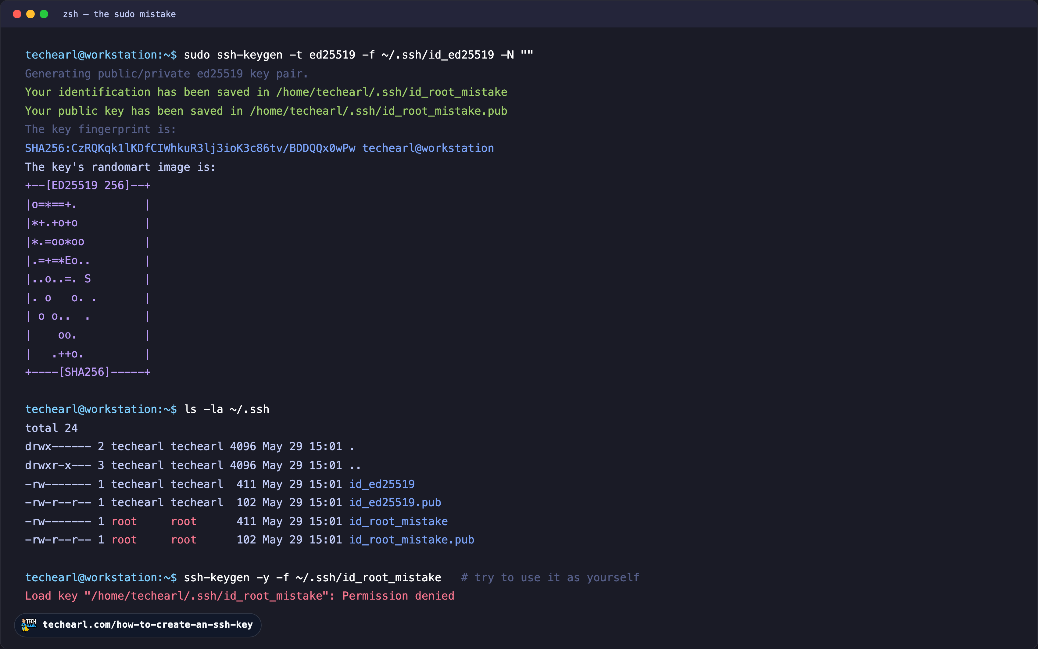 Why sudo ssh-keygen is a mistake Terminal showing sudo ssh-keygen creating id_root_mistake owned by root:root inside techearl's ~/.ssh, then ssh-keygen failing with 'Permission denied' when the techearl user tries to read it.