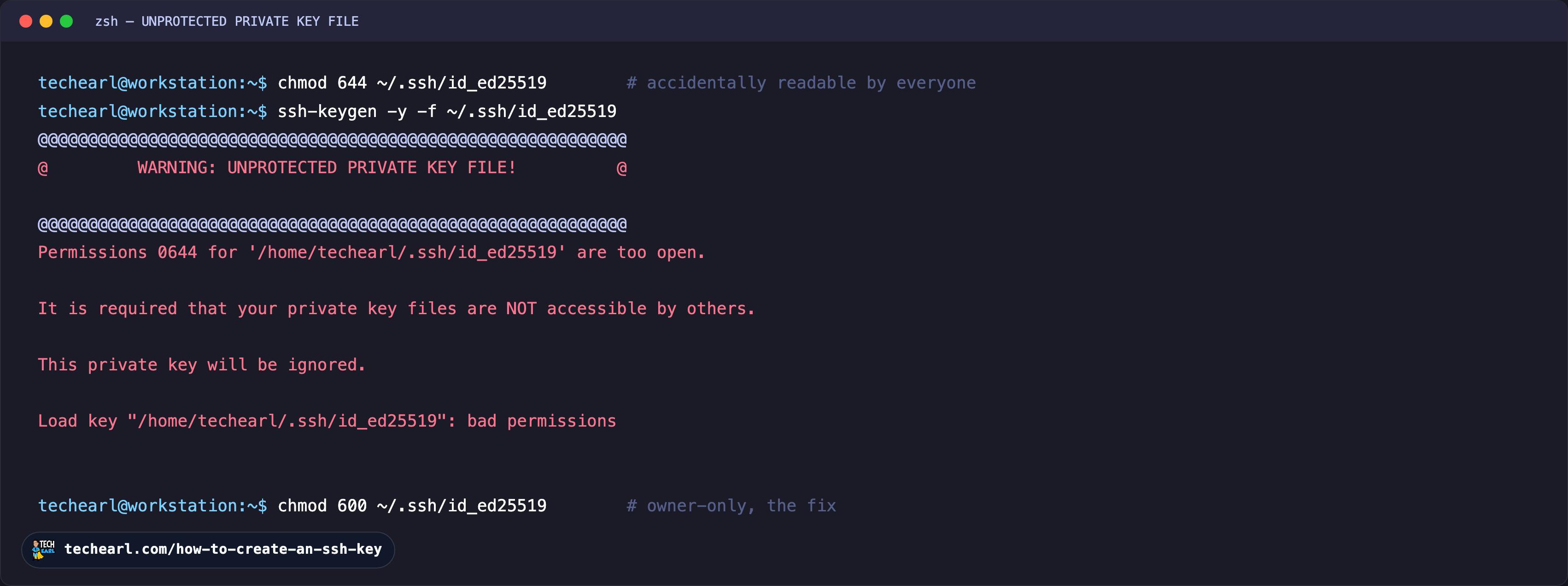 UNPROTECTED PRIVATE KEY FILE error and the chmod fix Terminal showing the SSH 'WARNING: UNPROTECTED PRIVATE KEY FILE!' error after chmod 644 on a private key, stating permissions 0644 are too open and the key will be ignored, then chmod 600 to fix it.