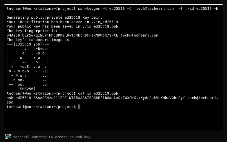 Generating an Ed25519 SSH key with ssh-keygen, showing the randomart image