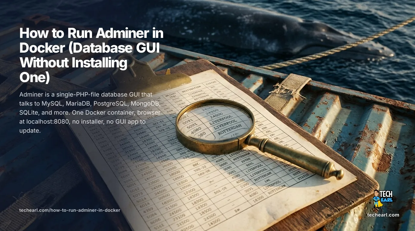 How to Run Adminer in Docker (Database GUI for MySQL, Postgres, more) Adminer in a Docker container: a single-file PHP database GUI that talks to MySQL, MariaDB, PostgreSQL, MongoDB, SQLite, and others. No installer, browse at localhost:8080.