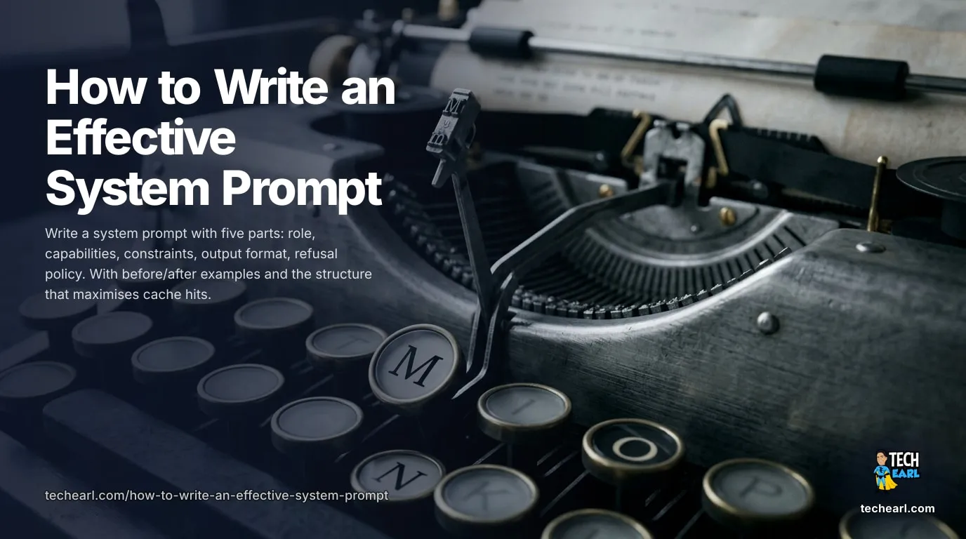 How to Write an Effective System Prompt for an LLM Write an effective system prompt with five parts: role, capabilities, constraints, output, refusal. Before/after examples and the structure that maximises cache hits.