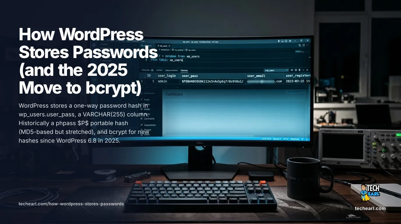 How WordPress stores passwords: a one-way hash in the wp_users.user_pass VARCHAR(255) column, historically a phpass $P$ portable hash and bcrypt for new hashes since WordPress 6.8.