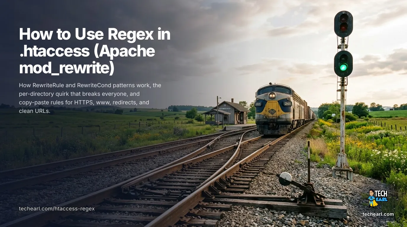 Regex in .htaccess: Apache mod_rewrite Patterns Using regex in Apache .htaccess with mod_rewrite: RewriteRule and RewriteCond pattern syntax, rewrite flags, and copy-paste rules for HTTPS redirects, www normalization, trailing slashes, 301 redirects, clean URLs, and blocking by user-agent or IP.