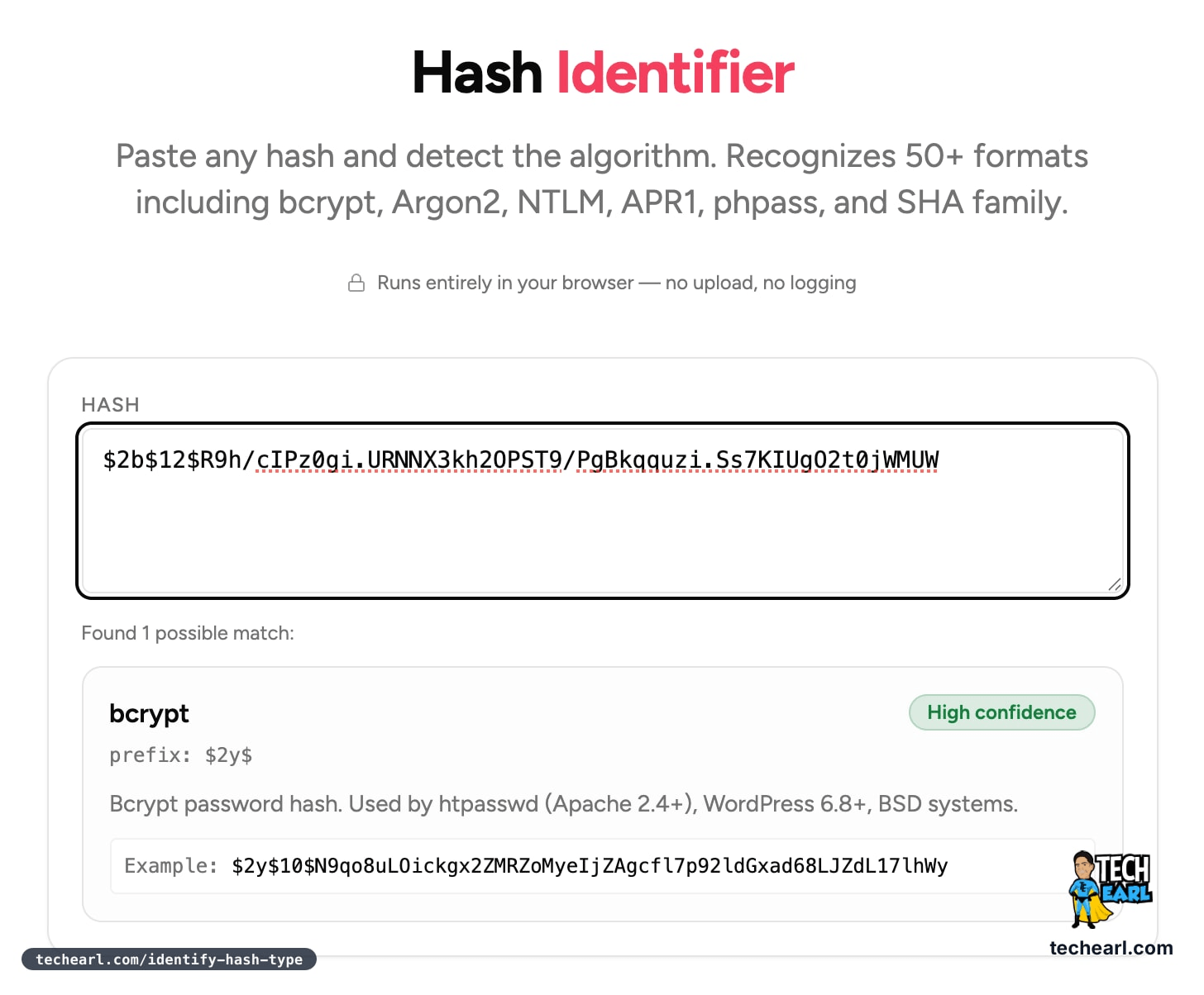 The dnschkr Hash Identifier detecting a pasted bcrypt hash with high confidence, noting the $2y$ prefix and that bcrypt is used by htpasswd, WordPress 6.8+, and BSD systems.