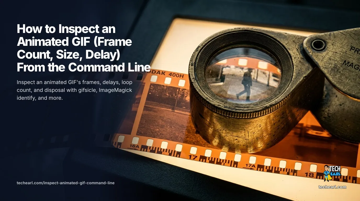 Inspect an Animated GIF From the Command Line (Frame Count, Size, Delay) Inspect an animated GIF from the command line: dimensions, frame count, loop count, per-frame delays, total duration, and whether it is animated at all, with gifsicle and ImageMagick.