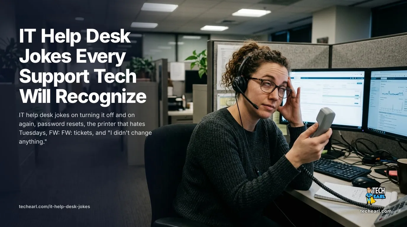 IT help desk humor for support techs and tier-one agents: ticket queues, password resets, reboots, the printer that hates Tuesdays, "it worked yesterday."