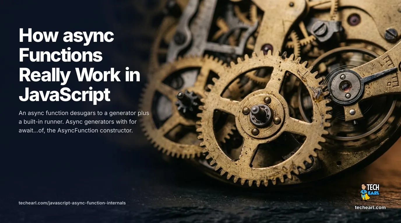 How async functions work in JavaScript: they desugar to a generator plus a runner. Plus async generators with for await...of, the AsyncFunction constructor, and why you should not detect async-ness.