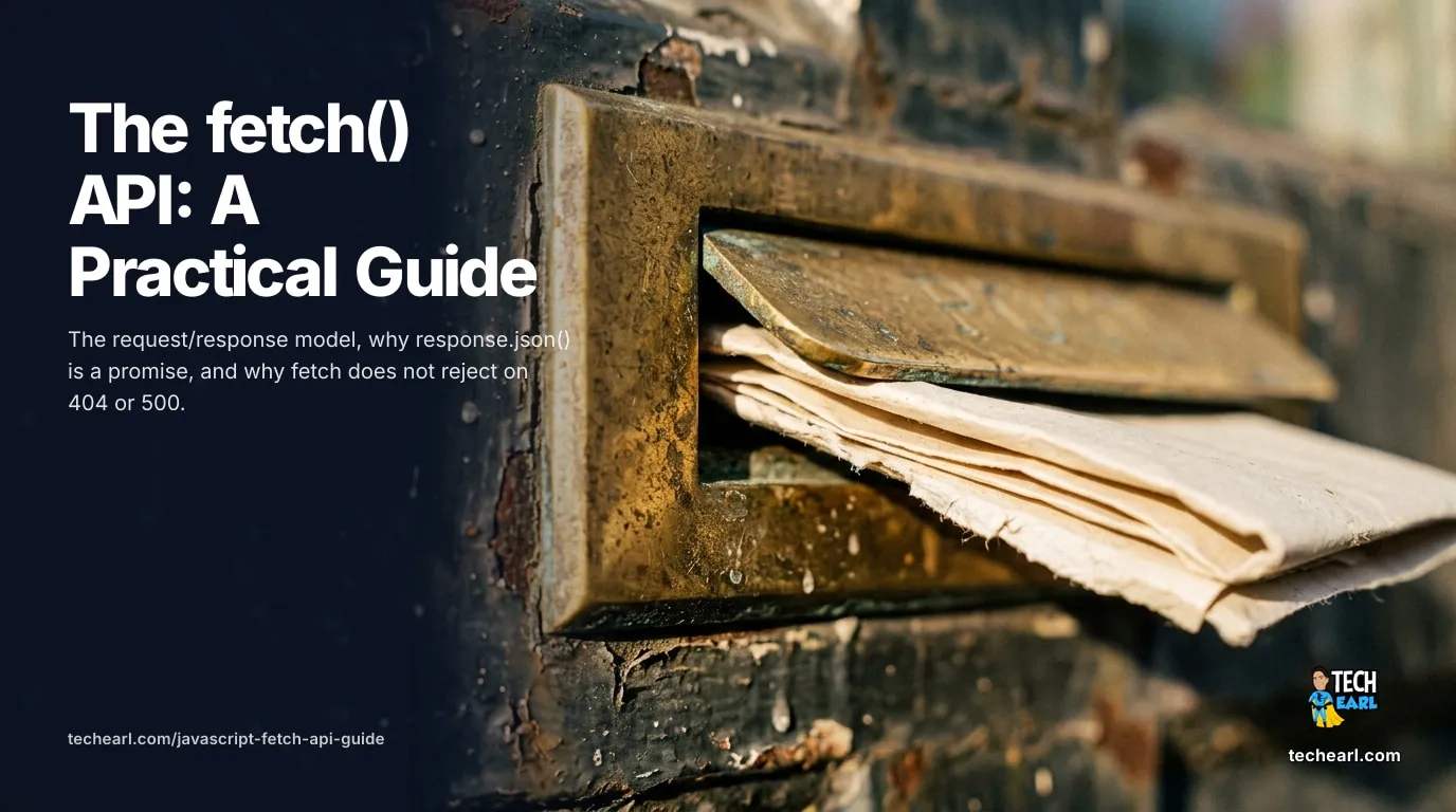 A practical guide to the JavaScript fetch() API: the request/response model, checking response.ok because fetch does not reject on 4xx/5xx, parsing JSON, headers, methods, bodies, and credentials, in the browser and in Node 18+.