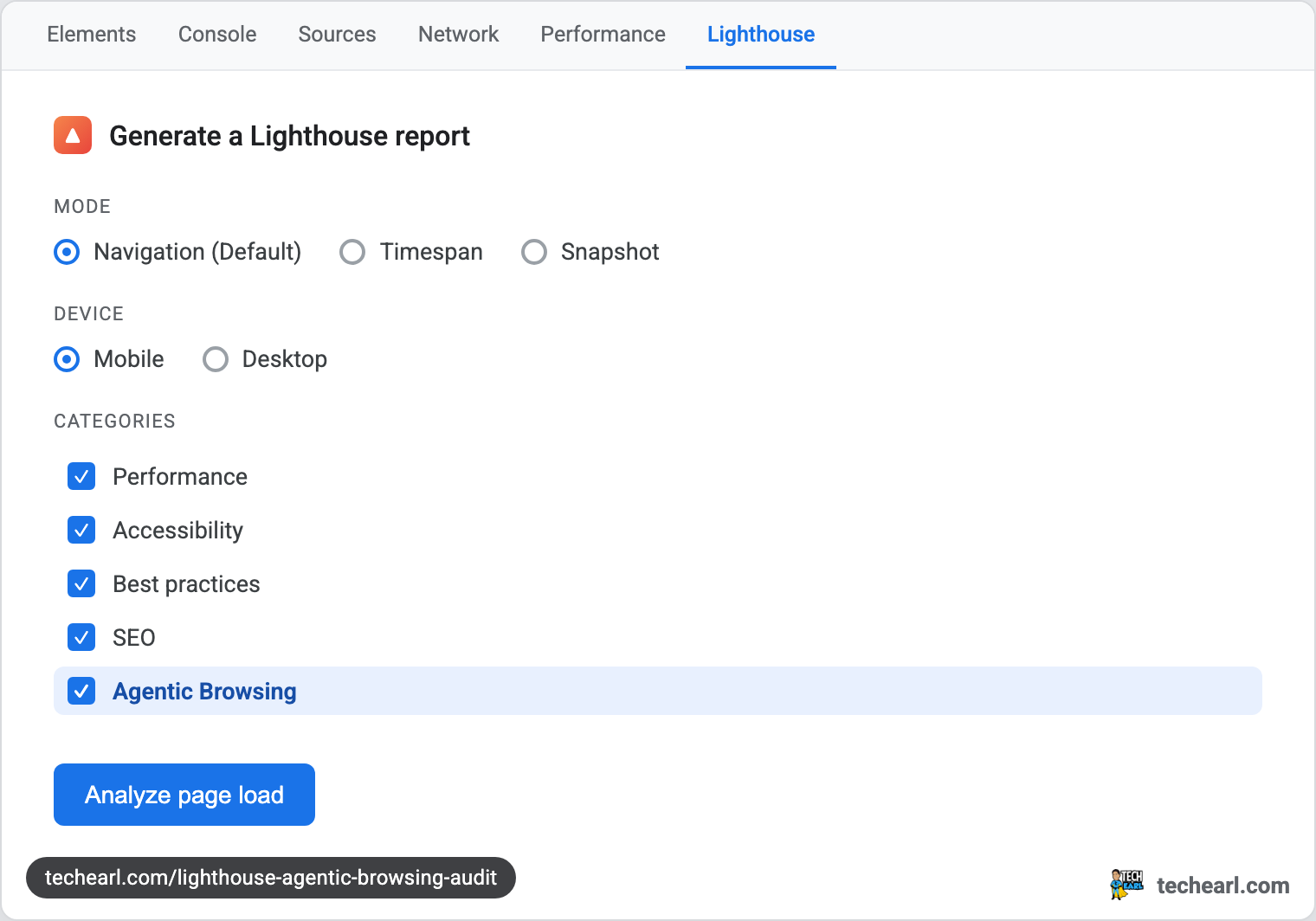The Chrome DevTools Lighthouse panel with Agentic Browsing checked in the Categories list, the device set to Mobile, and the Analyze page load button below.