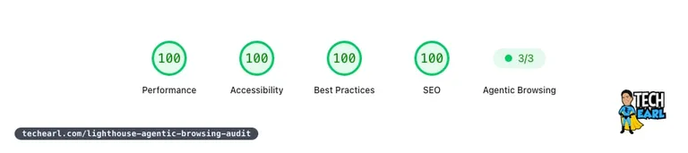PageSpeed Insights score row for techearl.com: Performance 100, Accessibility 100, Best Practices 100, SEO 100, and Agentic Browsing 3/3.