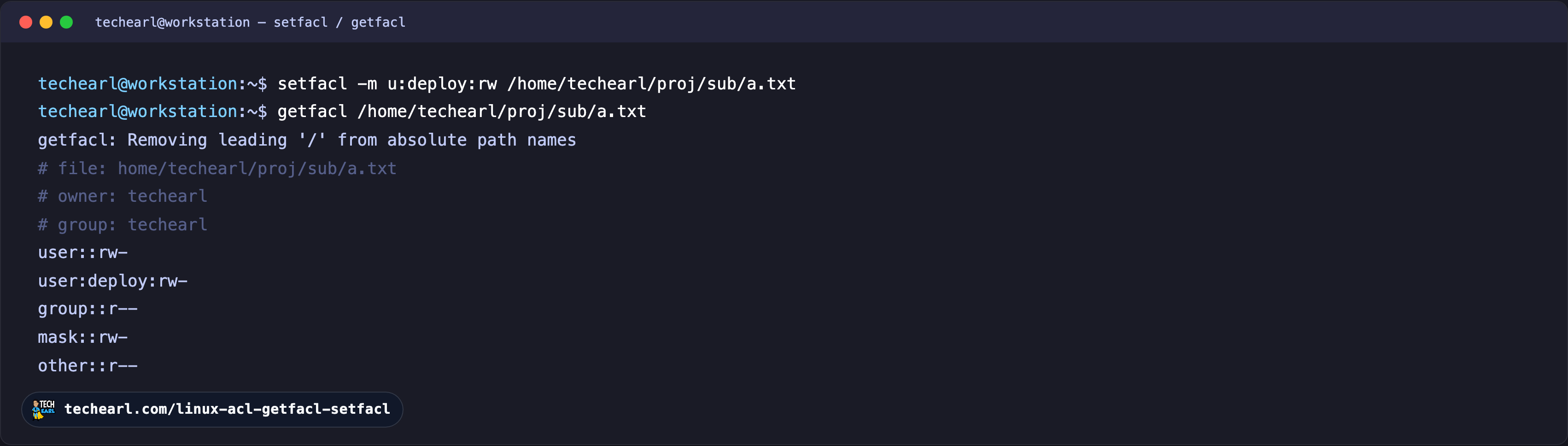 Granting one user access with setfacl Terminal showing setfacl -m u:deploy:rw on a file, then getfacl listing the owner permissions plus the extra user:deploy:rw entry and a mask line.