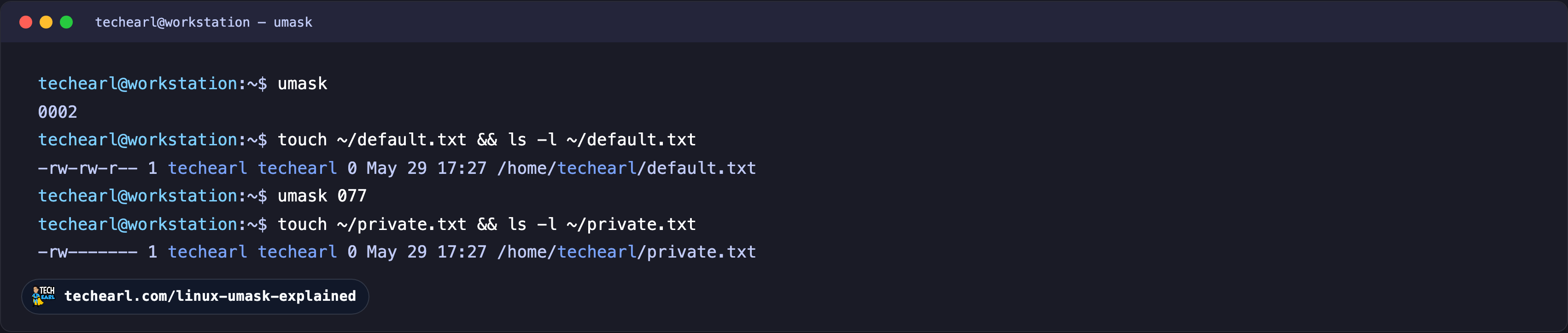 How umask shapes new file permissions Terminal showing umask output 0022, a new file created at 644, then umask 077 and a new file created at 600, demonstrating how the mask removes permission bits.