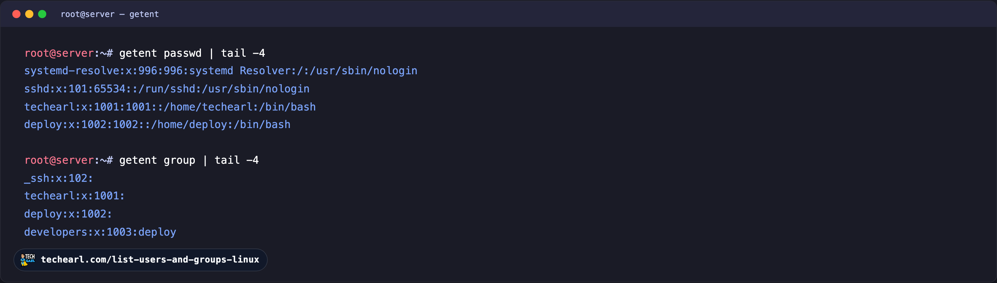Listing users and groups with getent Terminal showing getent passwd and getent group output: the user and group databases with their names, UIDs, GIDs, home directories and shells.