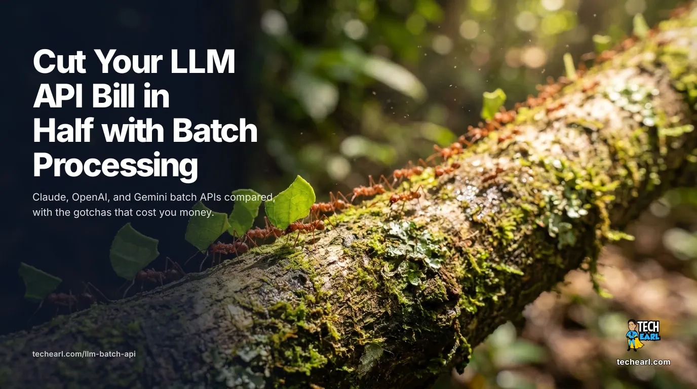 Every major LLM batch API is 50% off. Claude, OpenAI, and Gemini batch processing compared, ten high-volume jobs worth batching, and a runnable Node example.