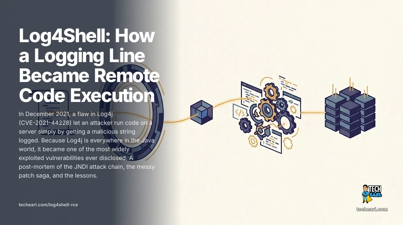 Log4Shell Explained: A Logging Line to Remote Code Execution How Log4Shell (CVE-2021-44228) turned a logged string into remote code execution via a JNDI lookup, why it spread so far, and the patch-saga lessons.