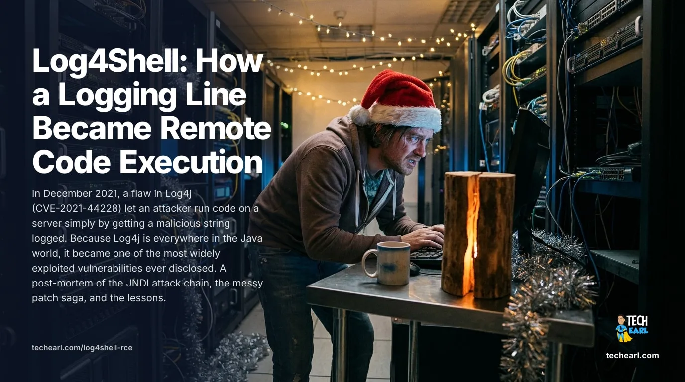 Log4Shell Explained: A Logging Line to Remote Code Execution How Log4Shell (CVE-2021-44228) turned a logged string into remote code execution via a JNDI lookup, why it spread so far, and the patch-saga lessons.