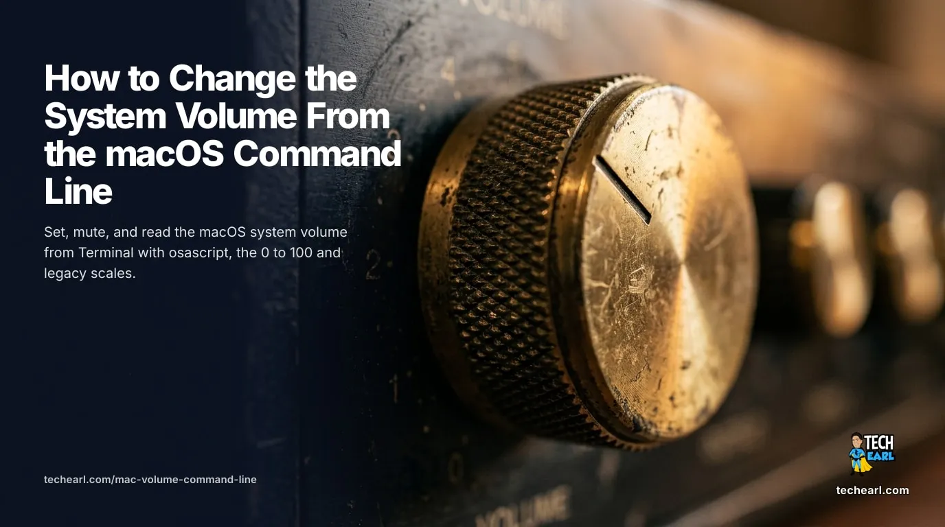 Set the macOS system volume from the command line with osascript on the 0 to 100 scale, mute and unmute, read the current level, and alias it for quick use.