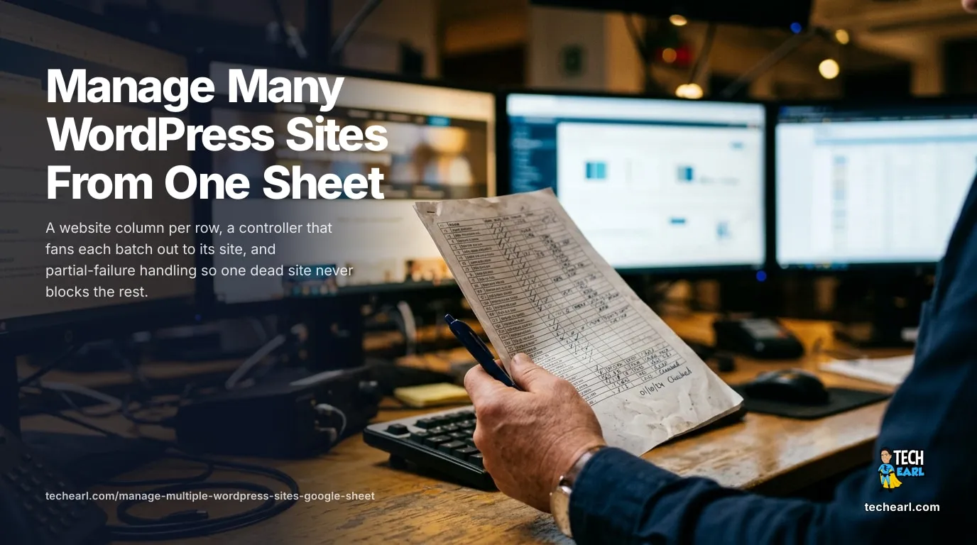 Push one change to a fleet of WordPress installs from one Google Sheet: group rows by a website column, fan each batch out to its site, with partial-failure handling.