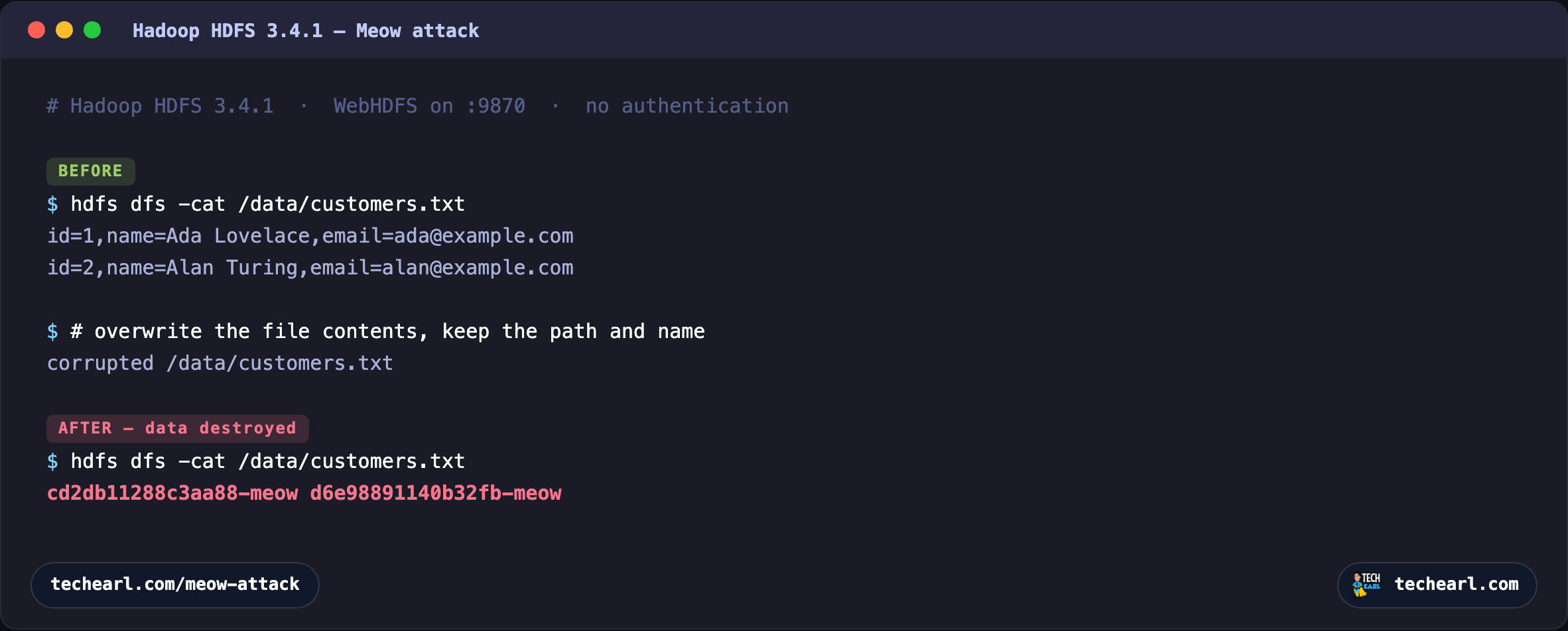 Terminal showing a Hadoop HDFS 3.4.1 file with readable content before the Meow attack, and after, the same path with its contents replaced by random strings ending in -meow.