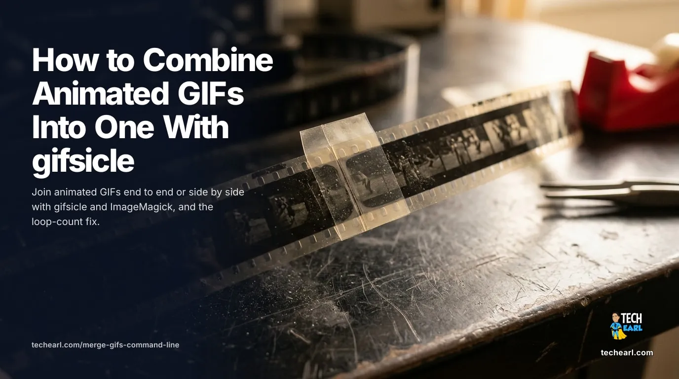 Combine animated GIFs into one from the command line with gifsicle: merging is the default mode for sequential playback, set the loop count, match sizes, and work around the 256-color limit.