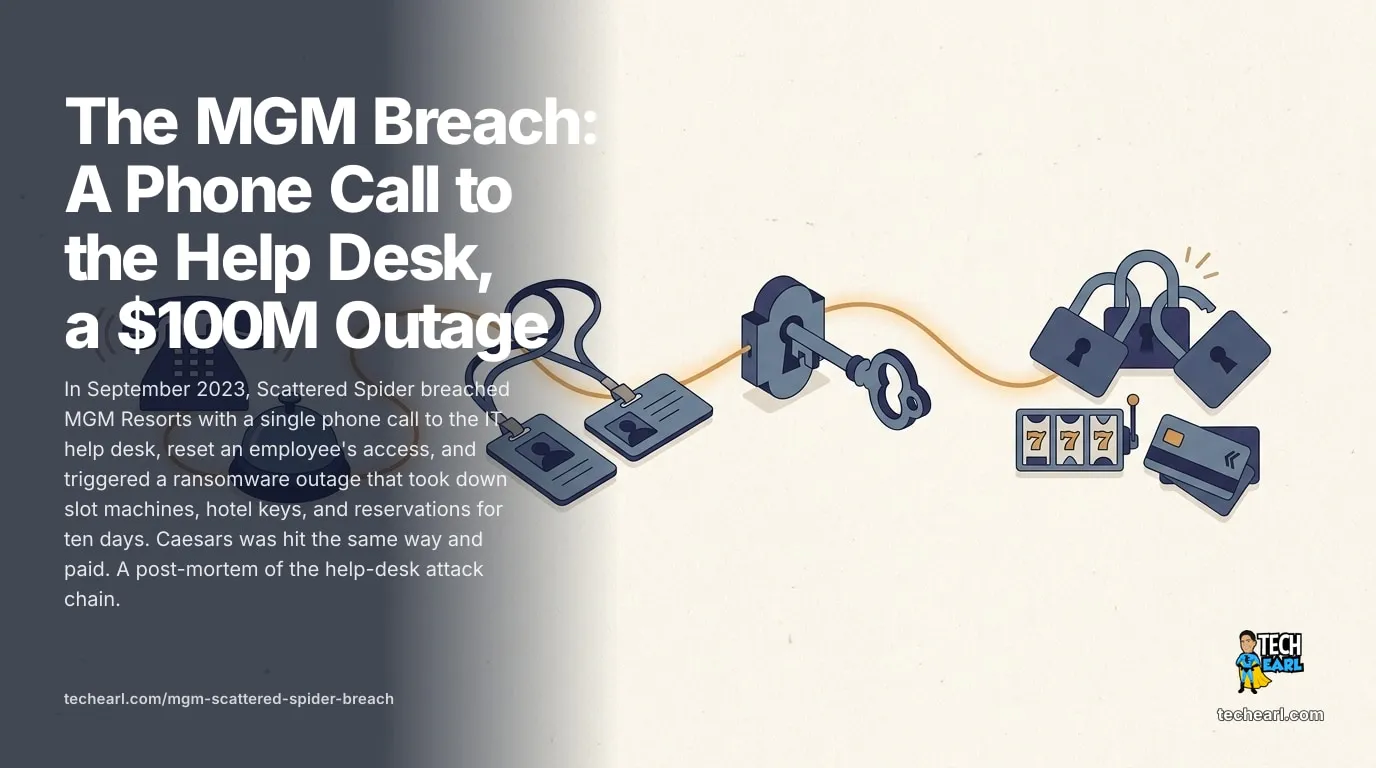 How Scattered Spider breached MGM Resorts in 2023 with one help-desk phone call, reset Okta access, and caused a 10-day ransomware outage. Caesars paid.