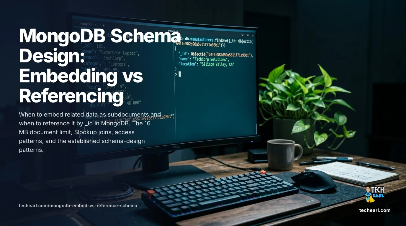 MongoDB schema design decision: embed related data as subdocuments for one-to-few relationships accessed together, or reference it by _id and join with $lookup for high-cardinality, independently-updated, or shared data, bounded by the 16 MB document limit.