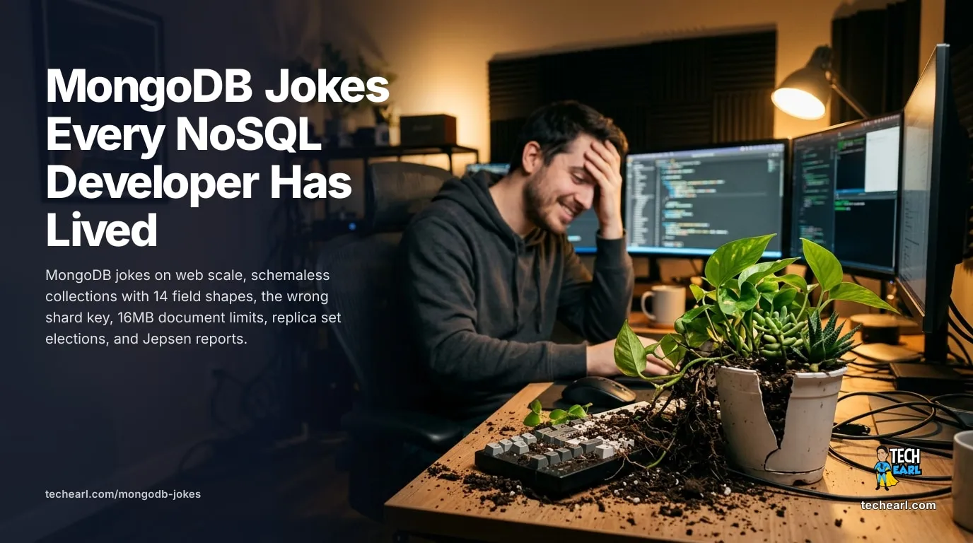 MongoDB humor for NoSQL developers on web scale, schemaless collections, wrong shard keys, 16MB document limits, replica set elections, and Jepsen reports.