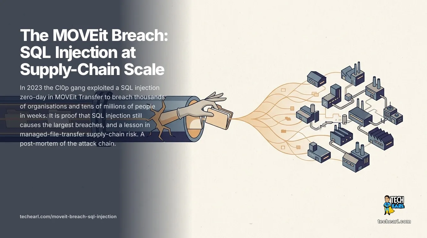 MOVEit Breach: SQL Injection at Supply-Chain Scale How the 2023 MOVEit breach (CVE-2023-34362) used a SQL injection zero-day and the LEMURLOOT web shell to hit thousands of organisations. The attack chain.