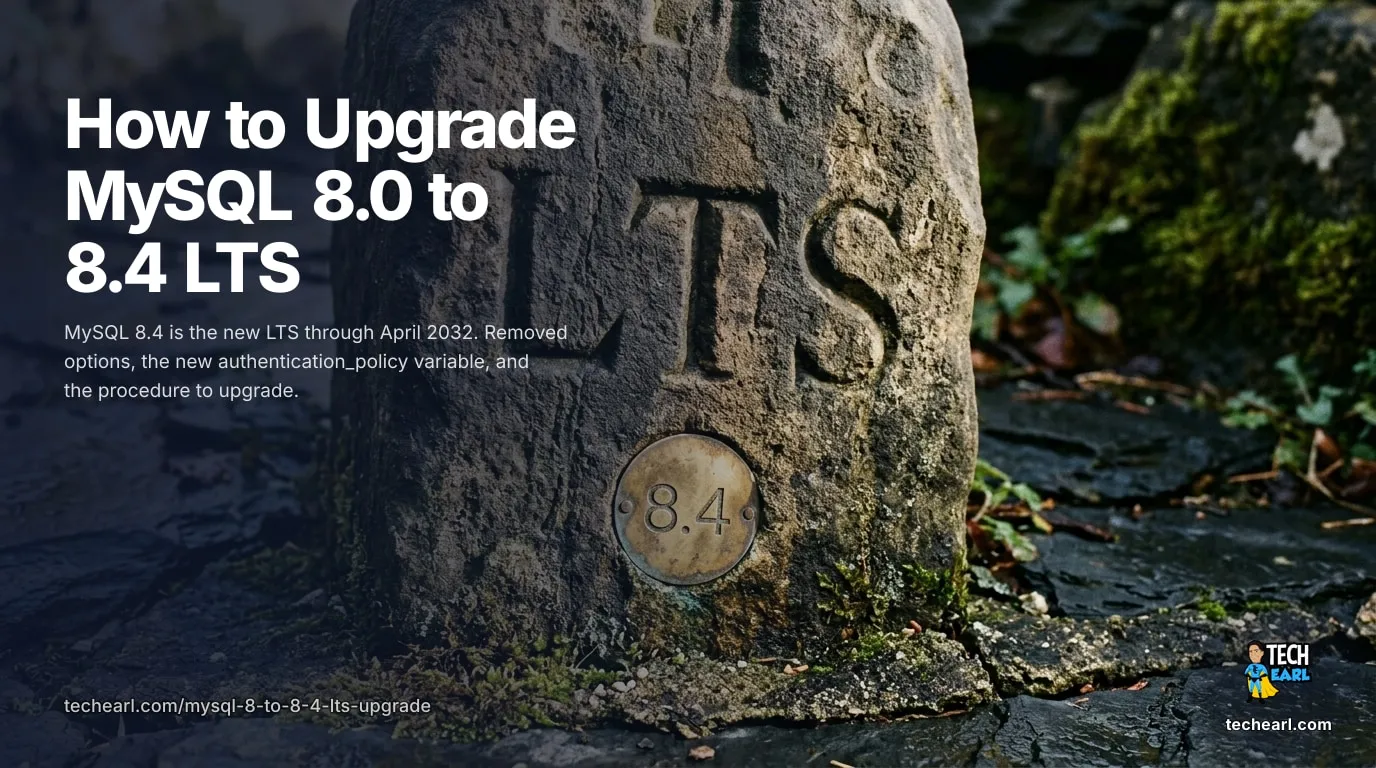 Upgrade MySQL 8.0 to 8.4 LTS: removed deprecated options, authentication_policy variable, mysql_native_password disabled by default, in-place upgrade procedure.
