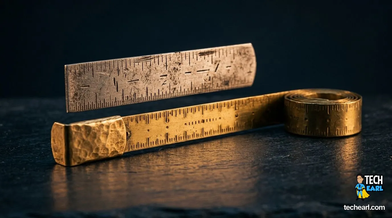 Changing a MySQL column type without losing data Macro photograph of an old metal ruler being replaced by a longer brass measuring tape on a dark slate workbench, single warm side light