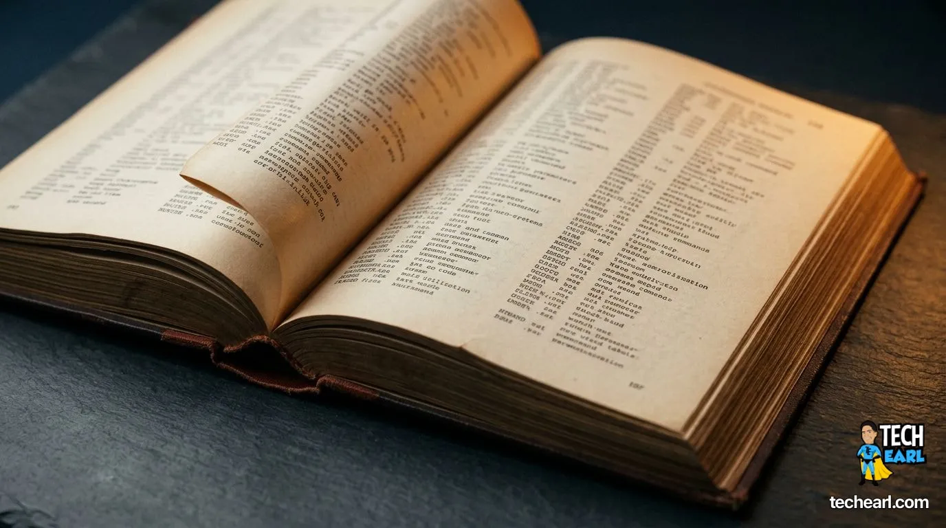 MySQL cheat sheet reference Open vintage hardcover reference manual on a dark slate desk, dense columned print on warm cream pages lit by a single warm amber side lamp