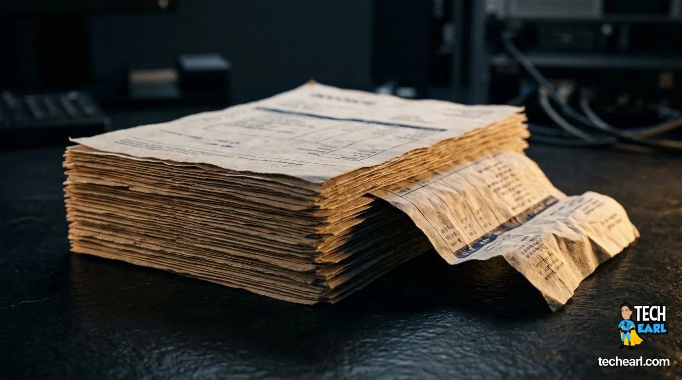 Deleting duplicate rows in MySQL Macro photograph of a stack of paper documents on a dark slate desk with a single sheet pulled out and crumpled to the side, warm amber side light