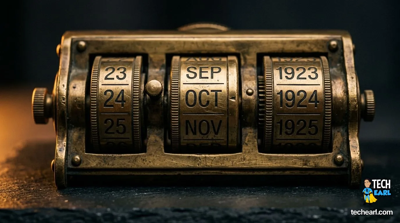 Macro photograph of an antique brass desk calendar with rotating date wheels on a dark slate desk, single warm side lamp grazing the metal edges