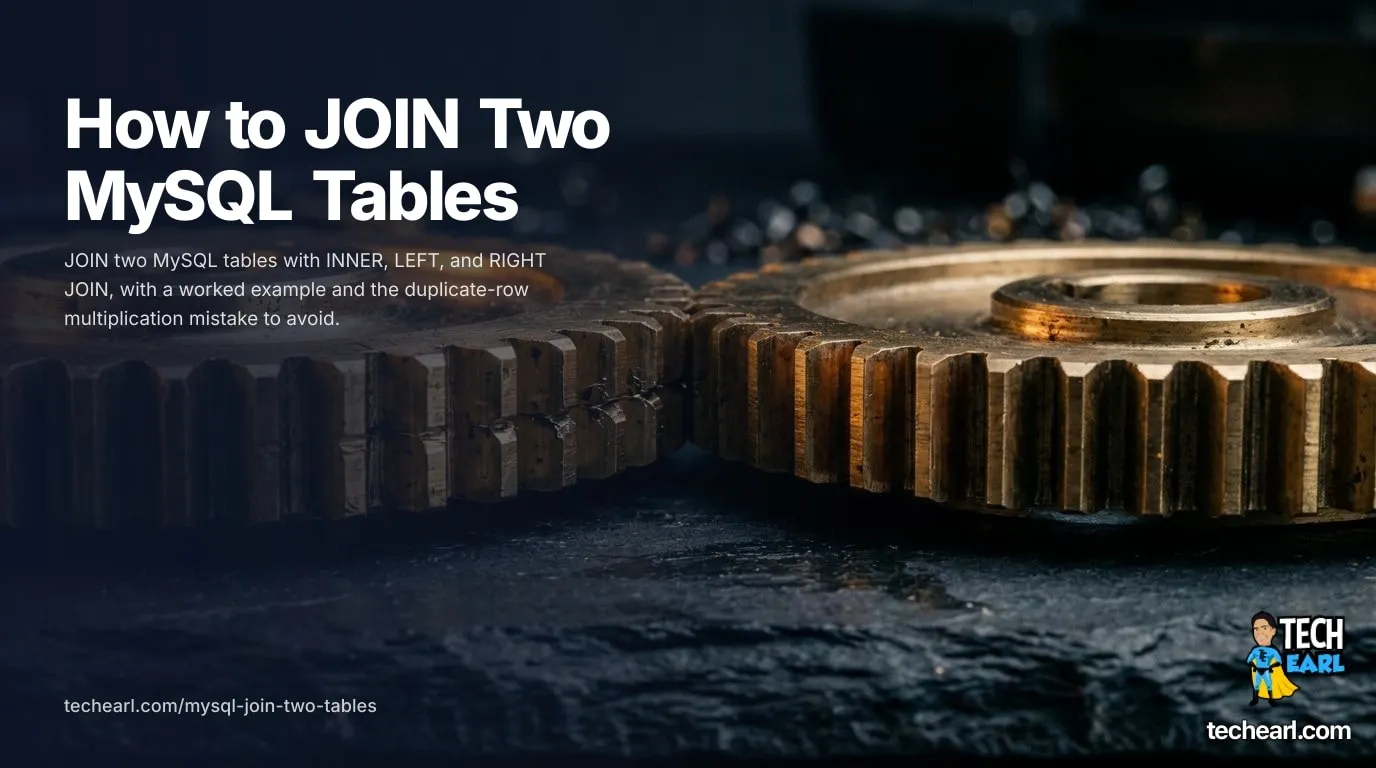 JOINing two MySQL tables (INNER, LEFT, RIGHT) Macro photograph of two brass interlocking gears on a dark slate workbench, teeth perfectly meshed, single warm side lamp lighting the metal