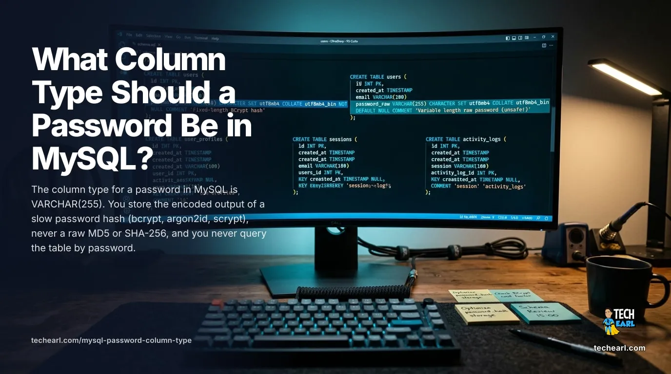 What column type a password should be in MySQL: VARCHAR(255) holding the encoded bcrypt or argon2id hash, why CHAR(60) and VARCHAR(60) and TEXT are wrong, and the lookup-then-verify flow.