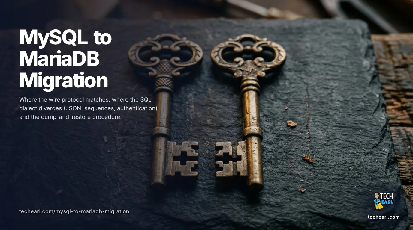 MySQL to MariaDB Migration: Compatibility, Commands, and Gotchas MySQL to MariaDB migration: where the wire protocol matches, where the SQL dialects diverge, mysqldump-restore procedure, JSON handling, authentication plugins, replication.