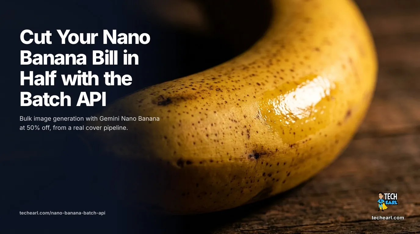 Generating images one at a time is full price. How to halve your bill with the Gemini Batch API and Nano Banana, with per-image numbers and a Node example.