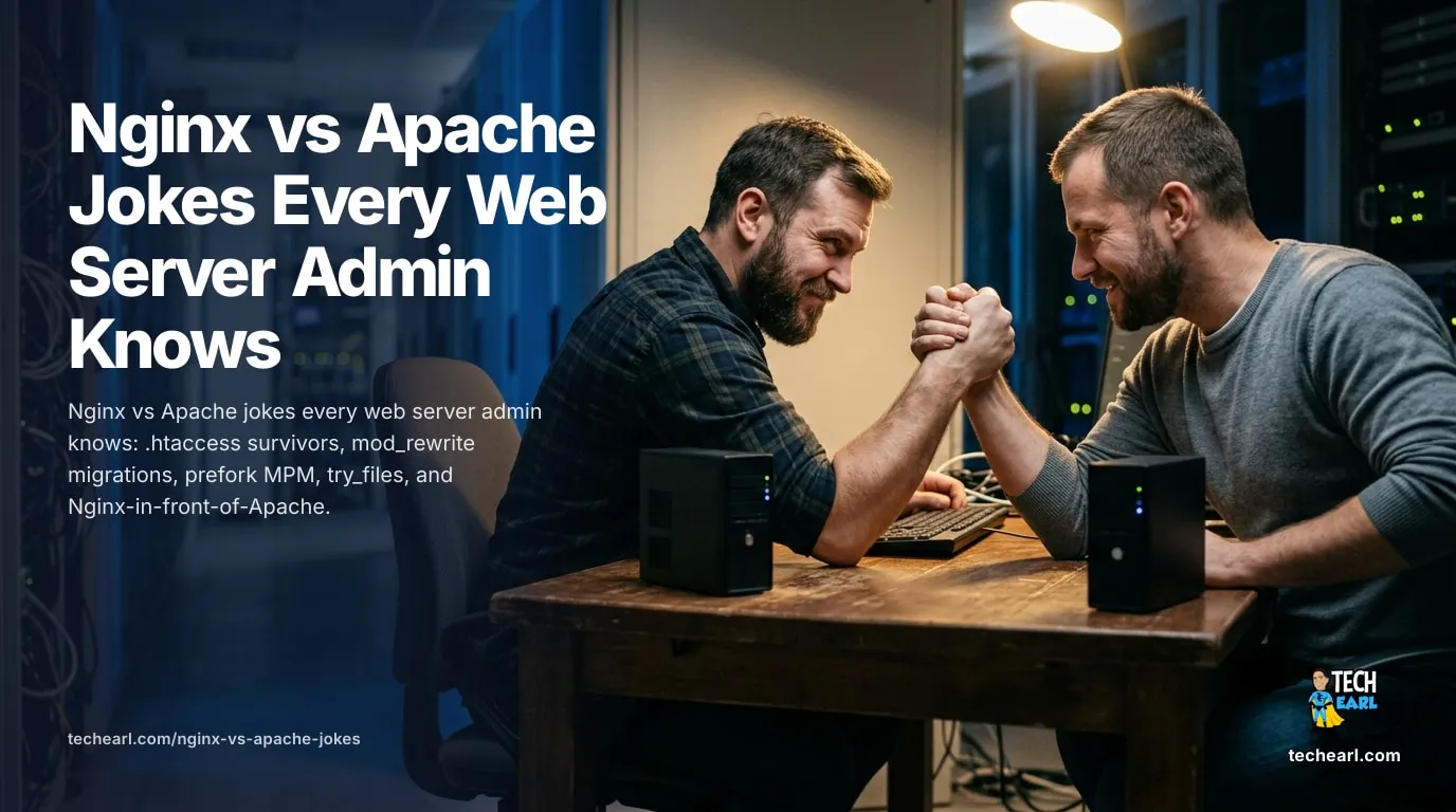 Nginx vs Apache humor for web server admins: .htaccess vs nginx.conf, mod_rewrite to try_files migration, location-block precedence, reverse proxy patterns.