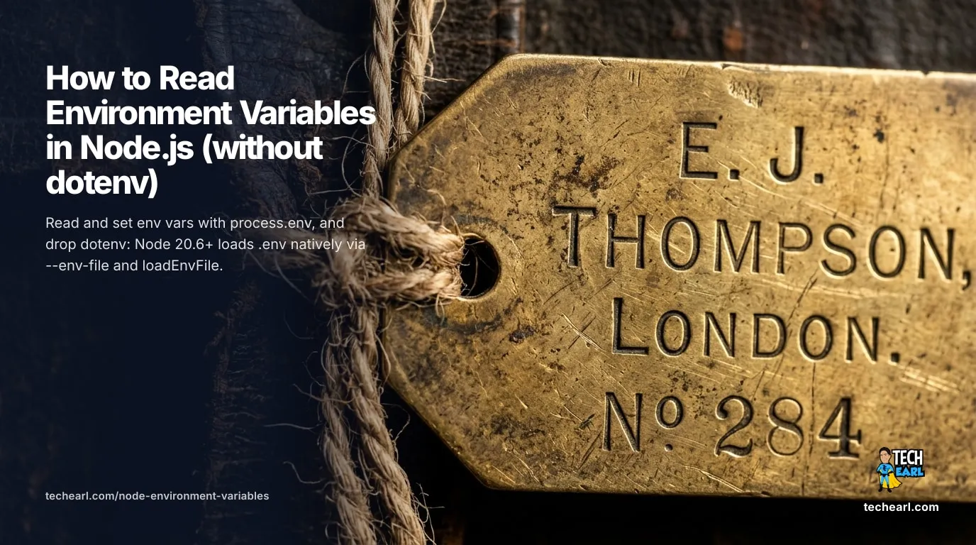 Read and set environment variables in Node.js with process.env, load .env files natively with --env-file (Node 20.6+) and process.loadEnvFile(), and keep secrets out of git.