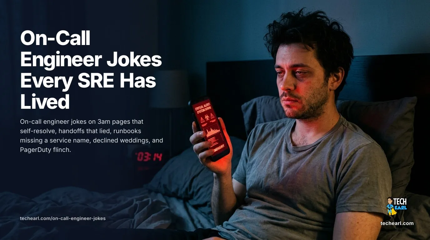 On-call engineer humor for SREs on 3am pages that self-resolve, weekend rotations, runbooks missing a service name, declined weddings, and PagerDuty flinch.