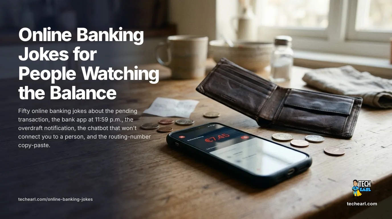 Fifty online banking jokes about the pending transaction, the bank app at 11:59 p.m., the overdraft notification, the chatbot that won't transfer you, and the wire transfer questionnaire.