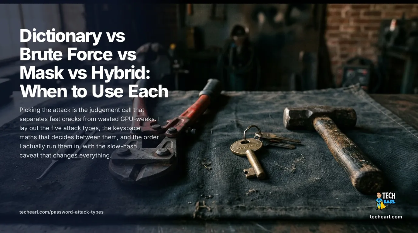 Dictionary vs Brute Force vs Mask vs Hybrid Attack: When to Use Each The five password attack types explained with the keyspace maths behind them: dictionary, rules, mask, hybrid, combinator. A decision framework for picking the right one.