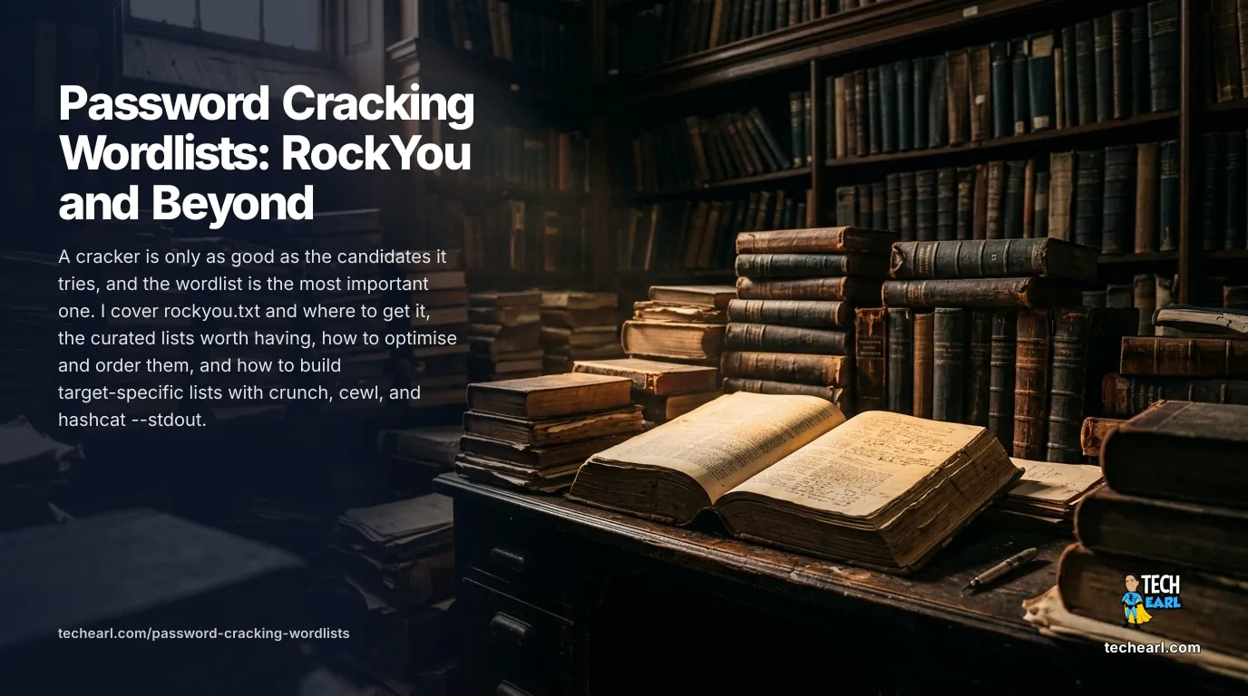 Password Cracking Wordlists: RockYou, SecLists, and Custom Lists What rockyou.txt is and where to get it, the curated wordlists worth having, how to optimise and order them, and how to generate target-specific lists with crunch, cewl, and hashcat.