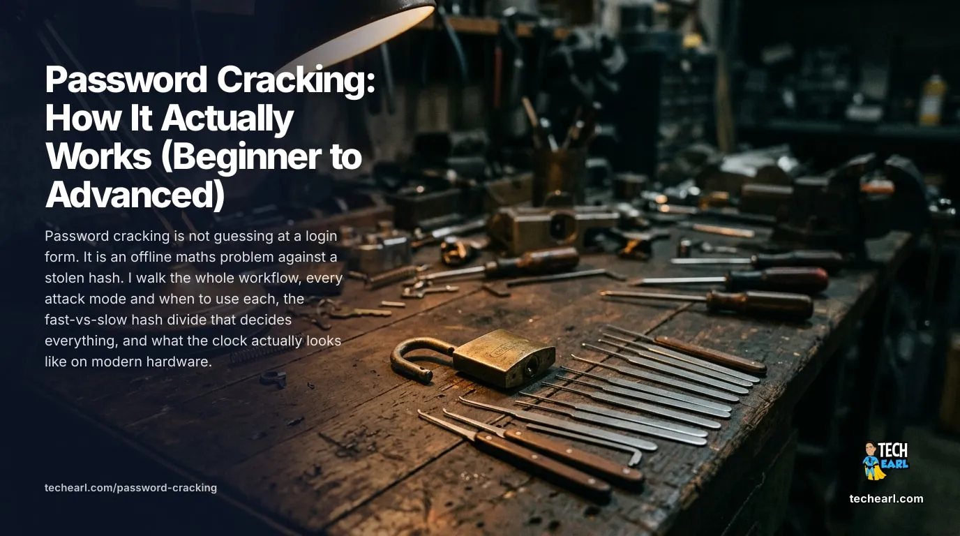 Password Cracking: How It Actually Works (Beginner to Advanced) The complete guide to password cracking: the offline-hash workflow, every attack mode and when to use it, fast vs slow hashes, realistic crack times, and the defences that win.